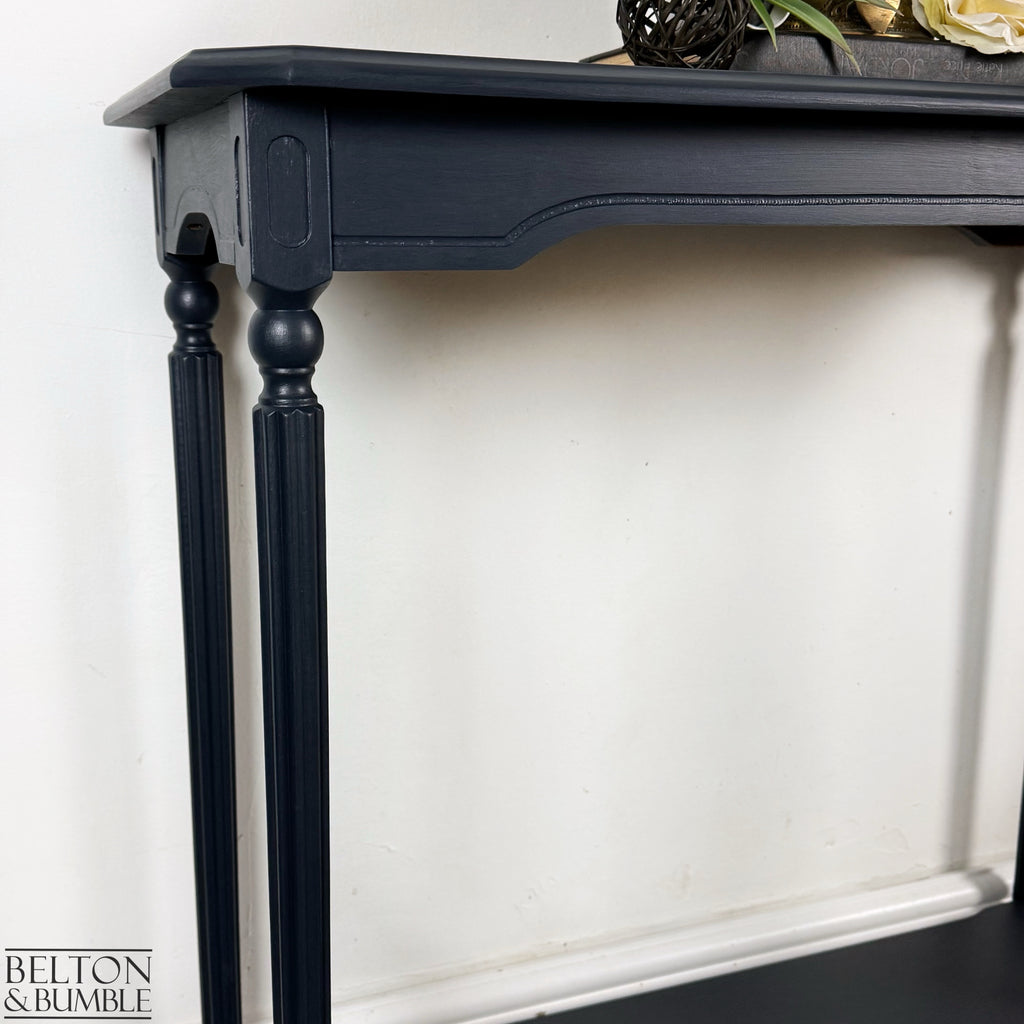 Mahogany and Burr Poplar Console Table in Navy Blue – Side profile highlighting depth, leg shape and silhouette