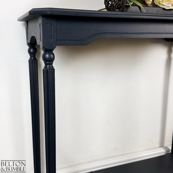 Mahogany and Burr Poplar Console Table in Navy Blue – Side profile highlighting depth, leg shape and silhouette