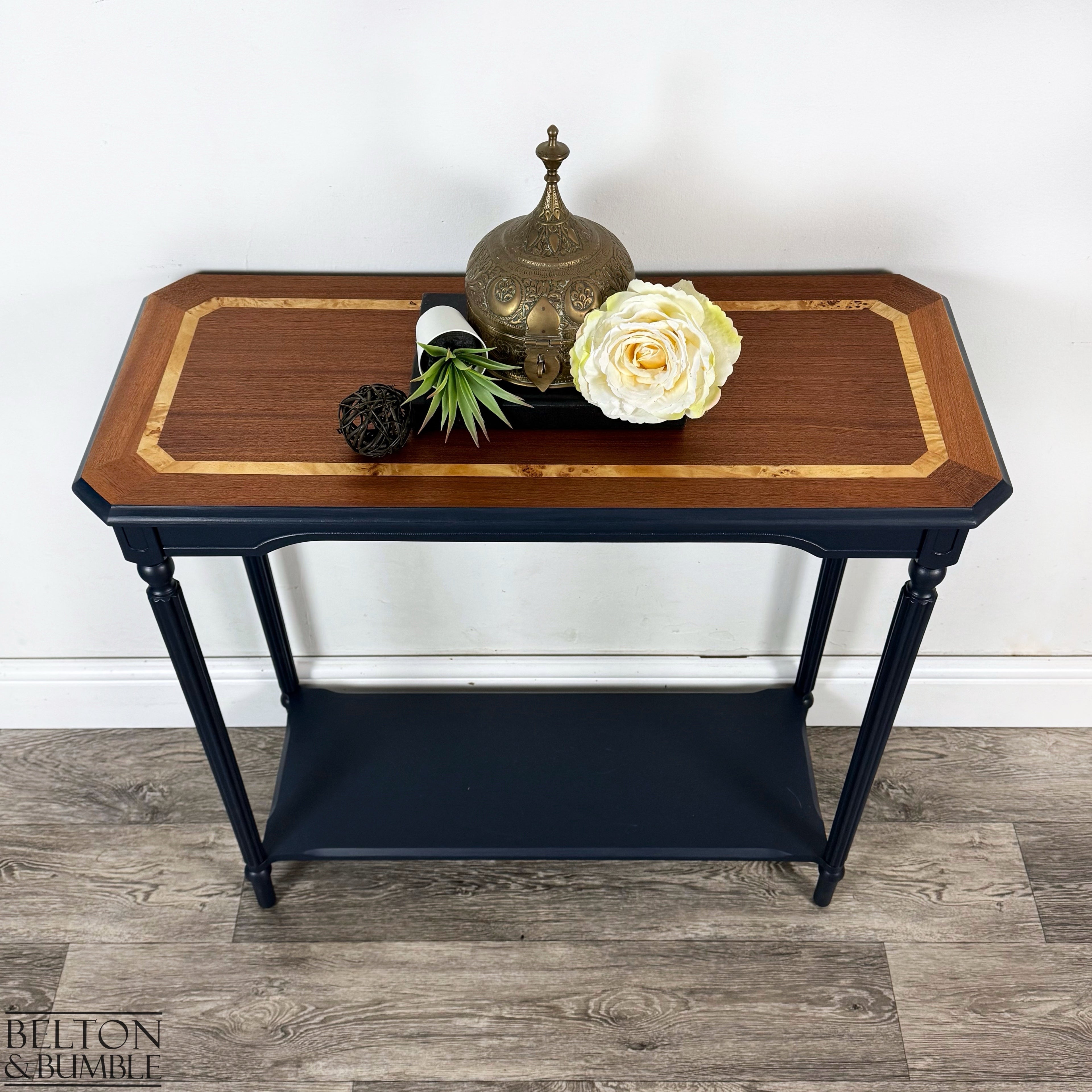 Mahogany and Burr Poplar Console Table in Navy Blue – Top surface detail showing smooth, satin finish and edge profile