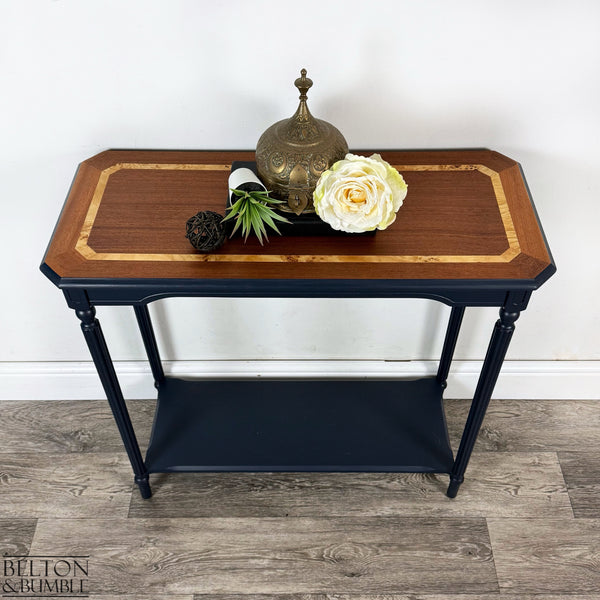 Mahogany and Burr Poplar Console Table in Navy Blue – Top surface detail showing smooth, satin finish and edge profile
