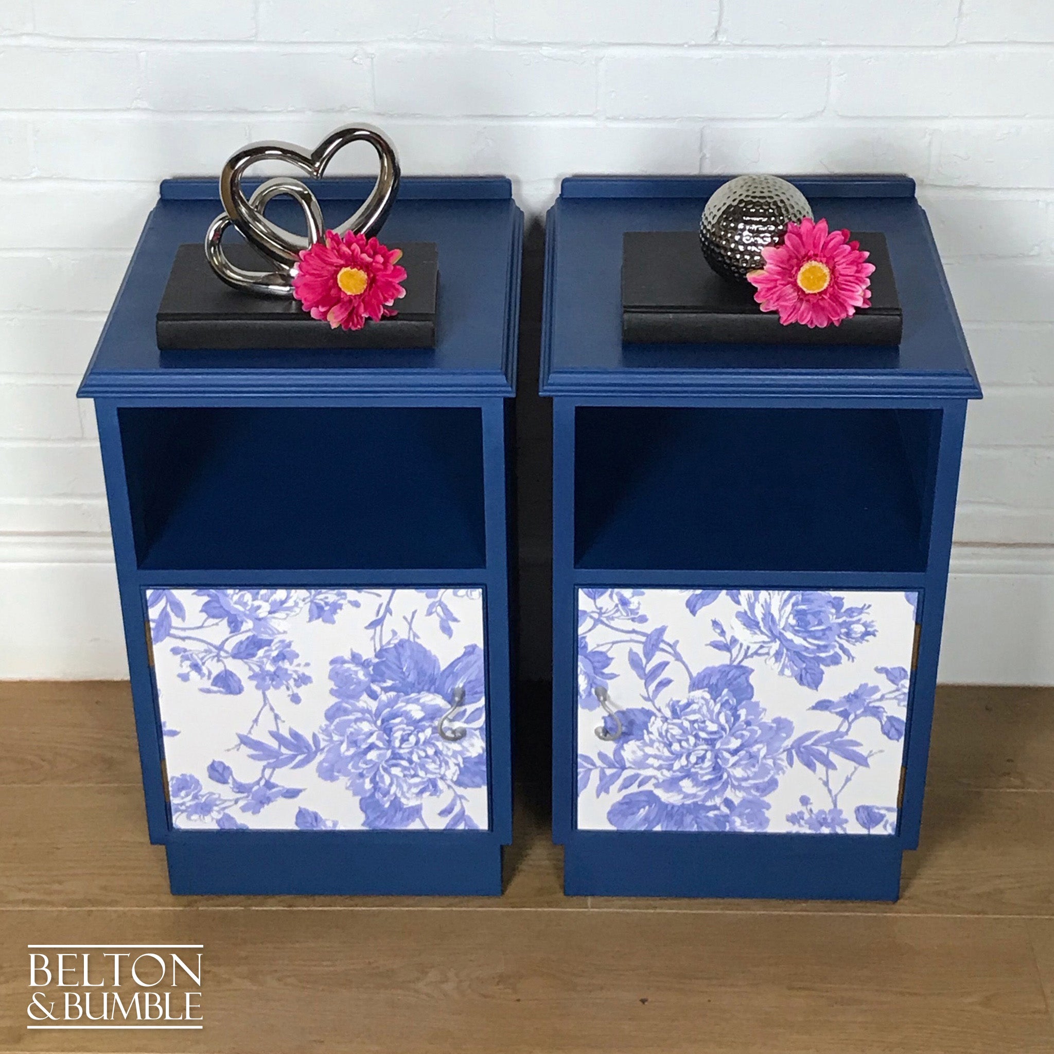 Matching Blue Bedside Cabinet Set with Floral Print Decoupage-Belton & Bumble