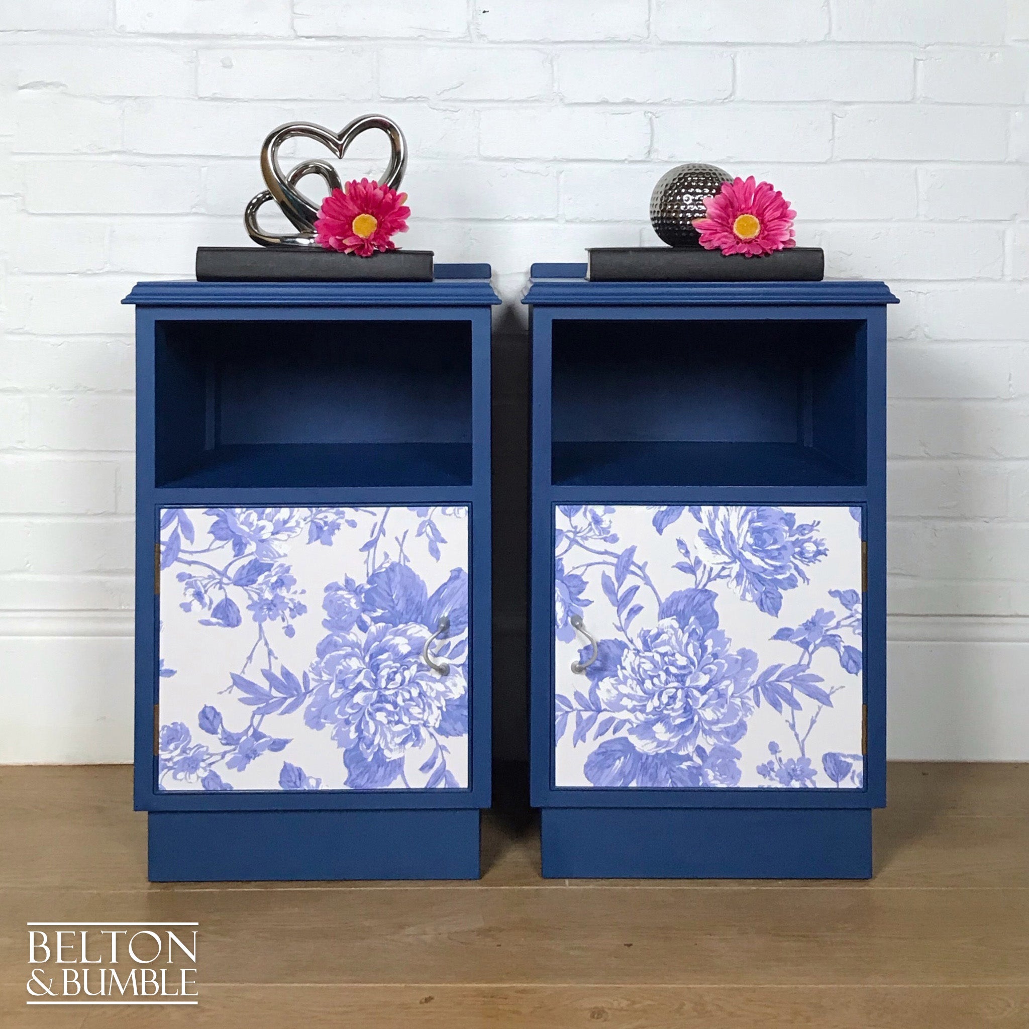 Matching Blue Bedside Cabinet Set with Floral Print Decoupage-Belton & Bumble
