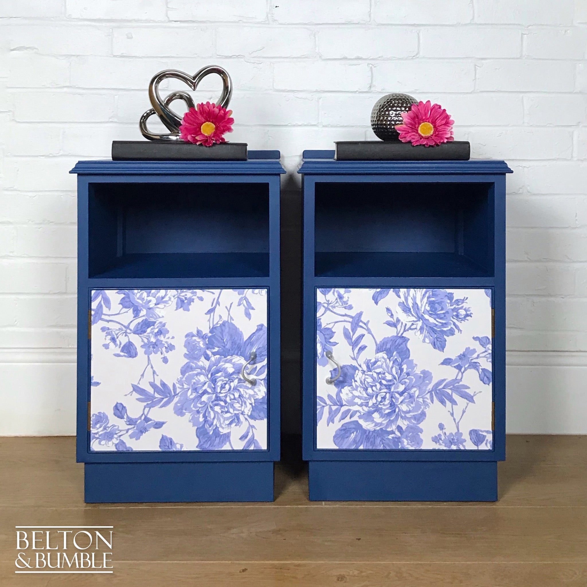Matching Blue Bedside Cabinet Set with Floral Print Decoupage-Belton & Butler