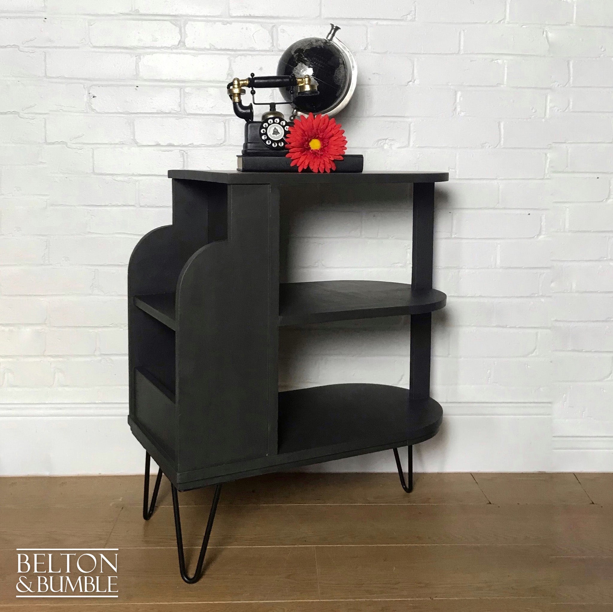 Dark Grey Mid Century Side Table with Shelving-Belton & Bumble