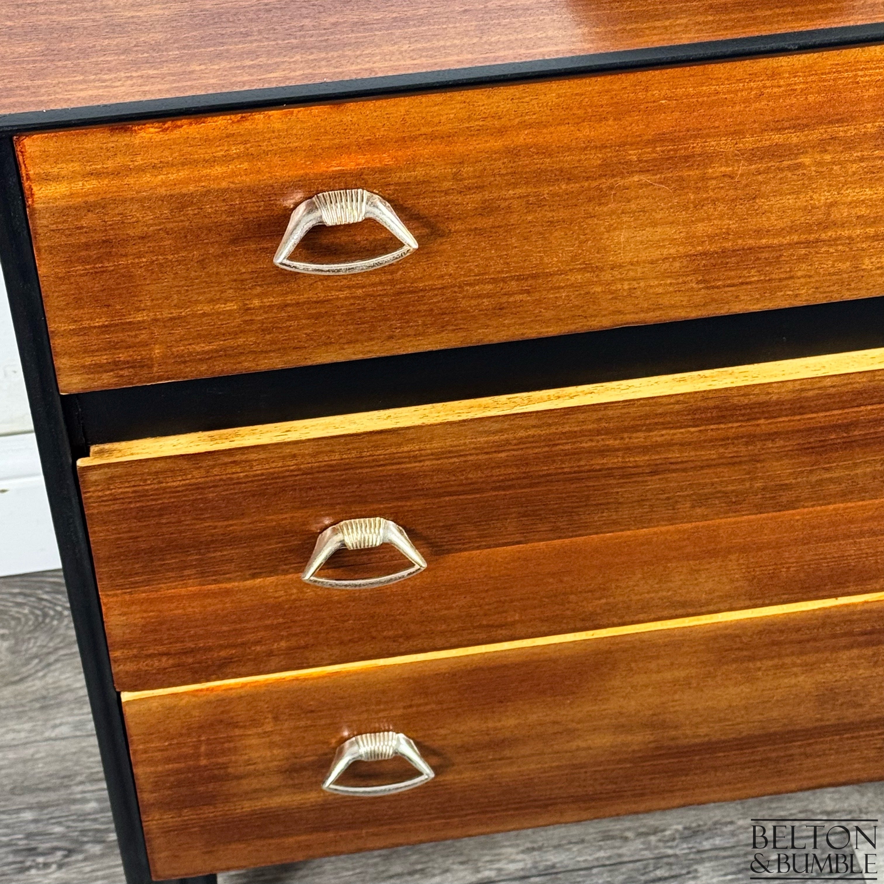 Mid Century 3 Drawer Chest in Black and Teak – Close-up of hardware: dovetail joints, tapered legs, metal handles