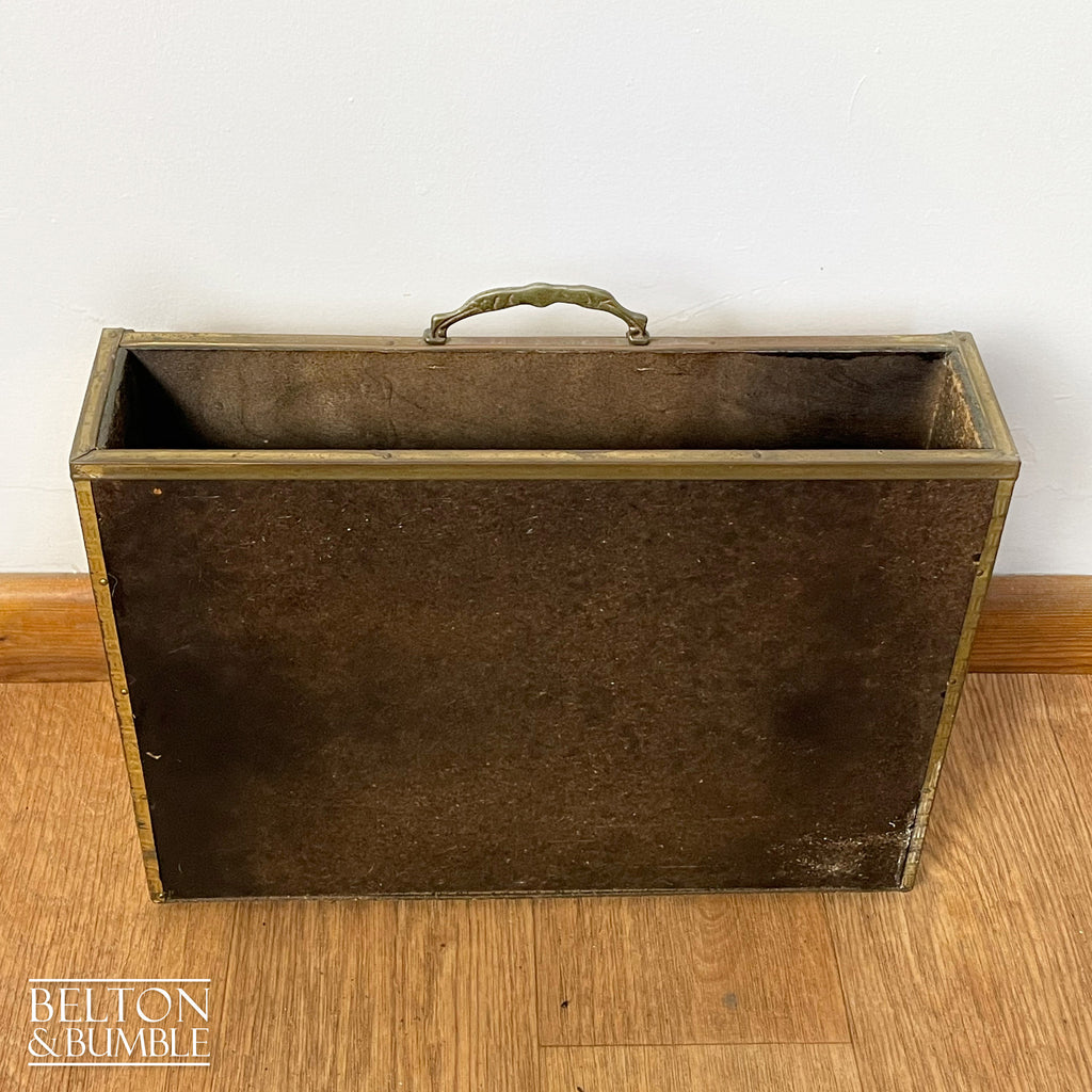 Mid Century Brass on Wood Magazine Holder – back view showing overall layout