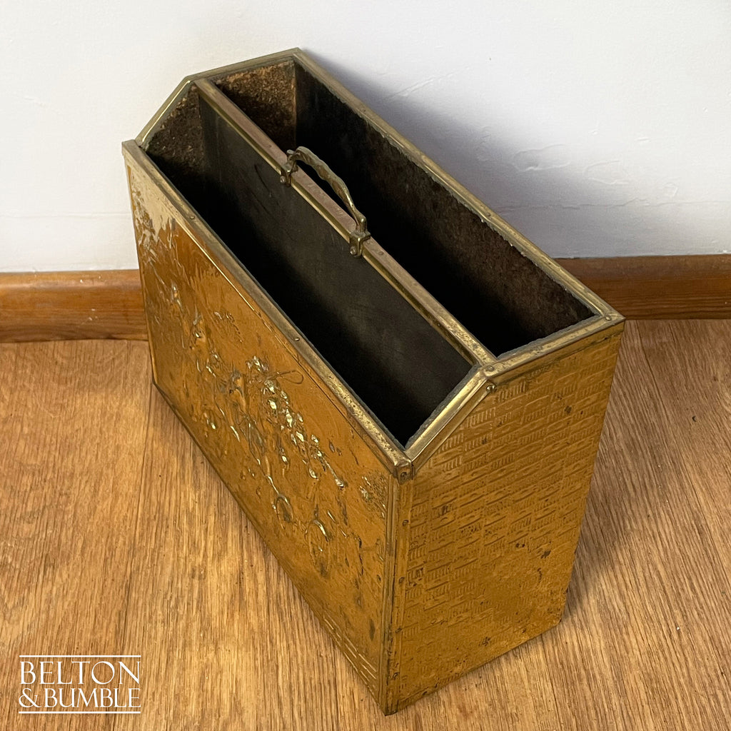 Mid Century Brass on Wood Magazine Holder – Side profile highlighting depth, and silhouette