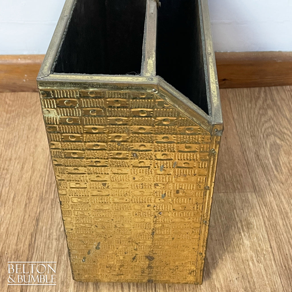 Mid Century Brass on Wood Magazine Holder – Close-up of brass finish and texture