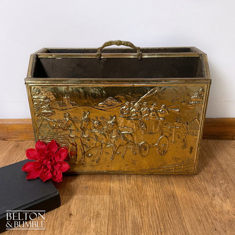Mid Century Brass on Wood Magazine Holder – Styled product shot with complementary decor to suggest scale