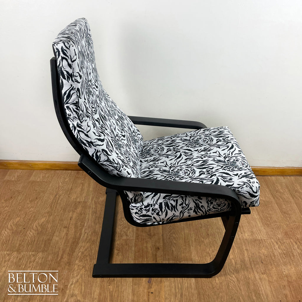 Monochrome Rocker Chair with Tiger Print – Side profile highlighting depth, leg shape and silhouette