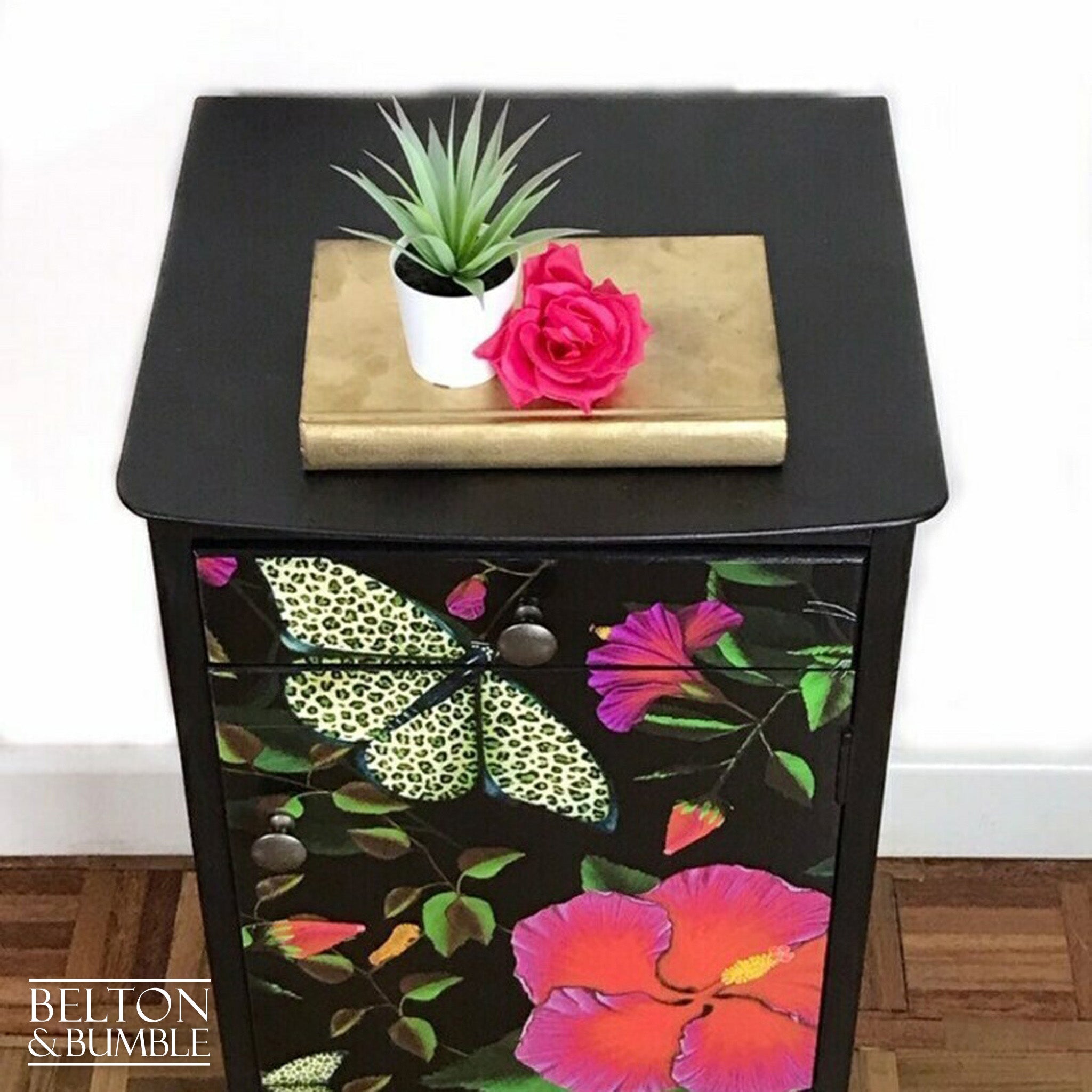 Black Lebus Bedside Cabinet Decoupaged with Muck 'n' Brass Paper-Belton & Bumble