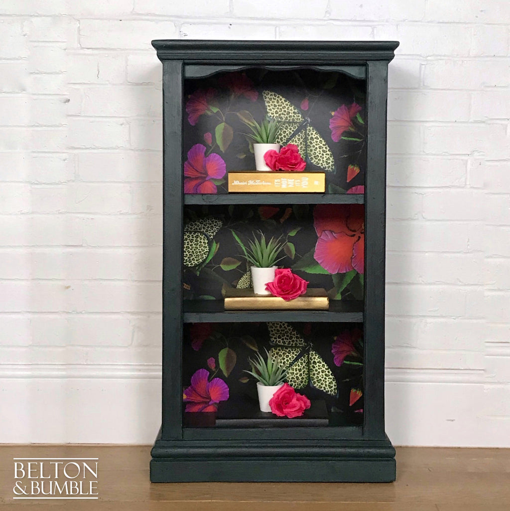 Dark Green Rustic Bookshelves Decoupaged with Print by Muck ‘n’ Brass-Belton & Bumble