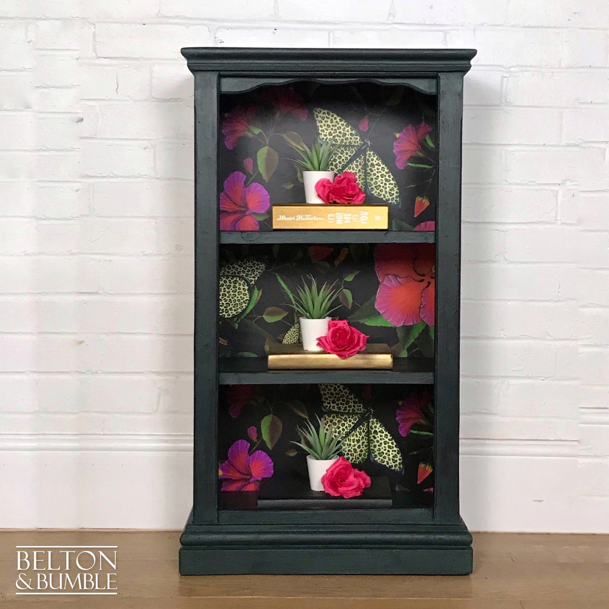 Dark Green Rustic Bookshelves Decoupaged with Print by Muck ‘n’ Brass-Belton & Bumble
