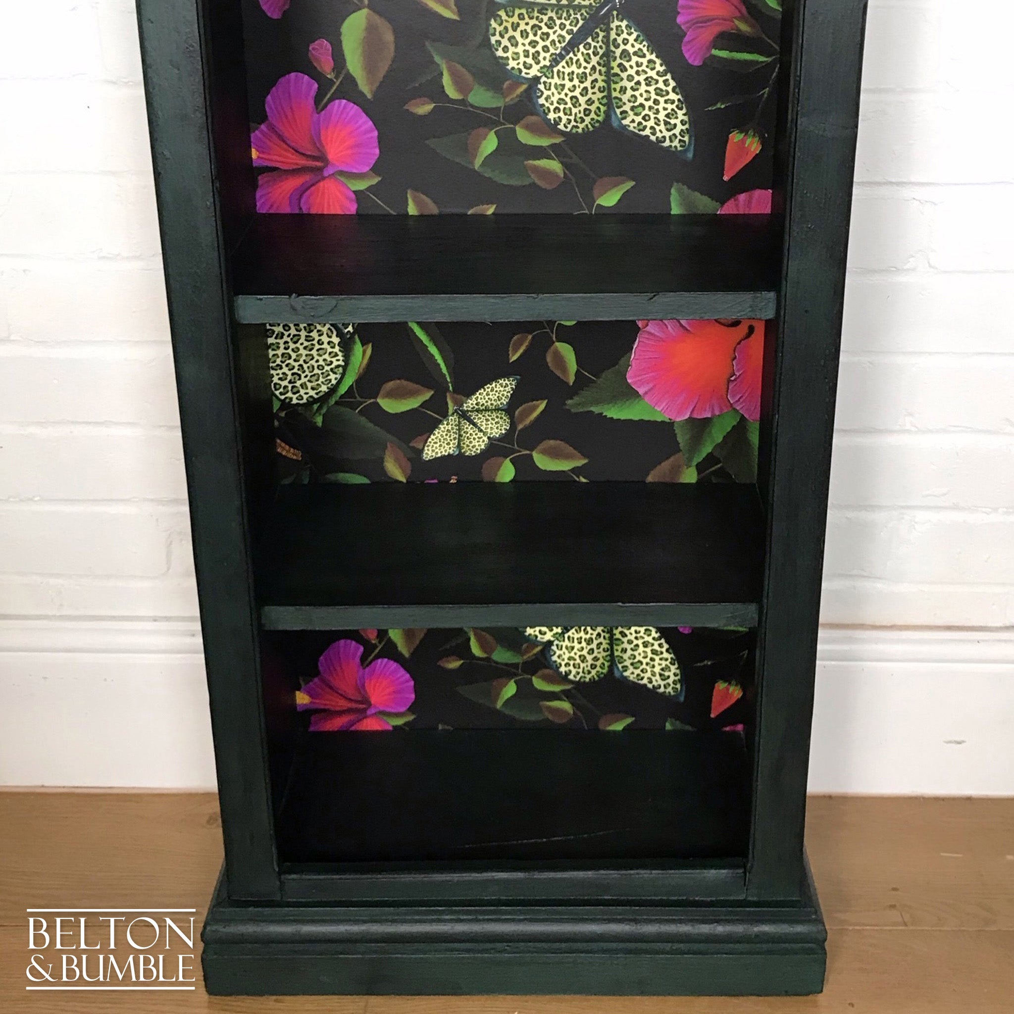 Dark Green Rustic Bookshelves Decoupaged with Print by Muck ‘n’ Brass-Belton & Bumble