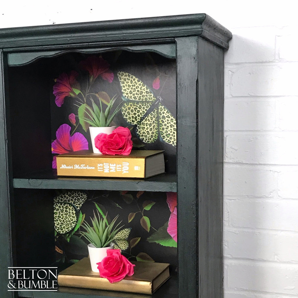 Dark Green Rustic Bookshelves Decoupaged with Print by Muck ‘n’ Brass-Belton & Bumble