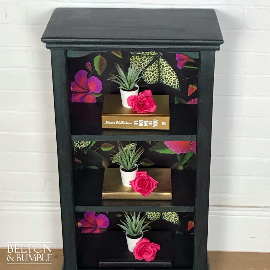 Dark Green Rustic Bookshelves Decoupaged with Print by Muck ‘n’ Brass-Belton & Bumble