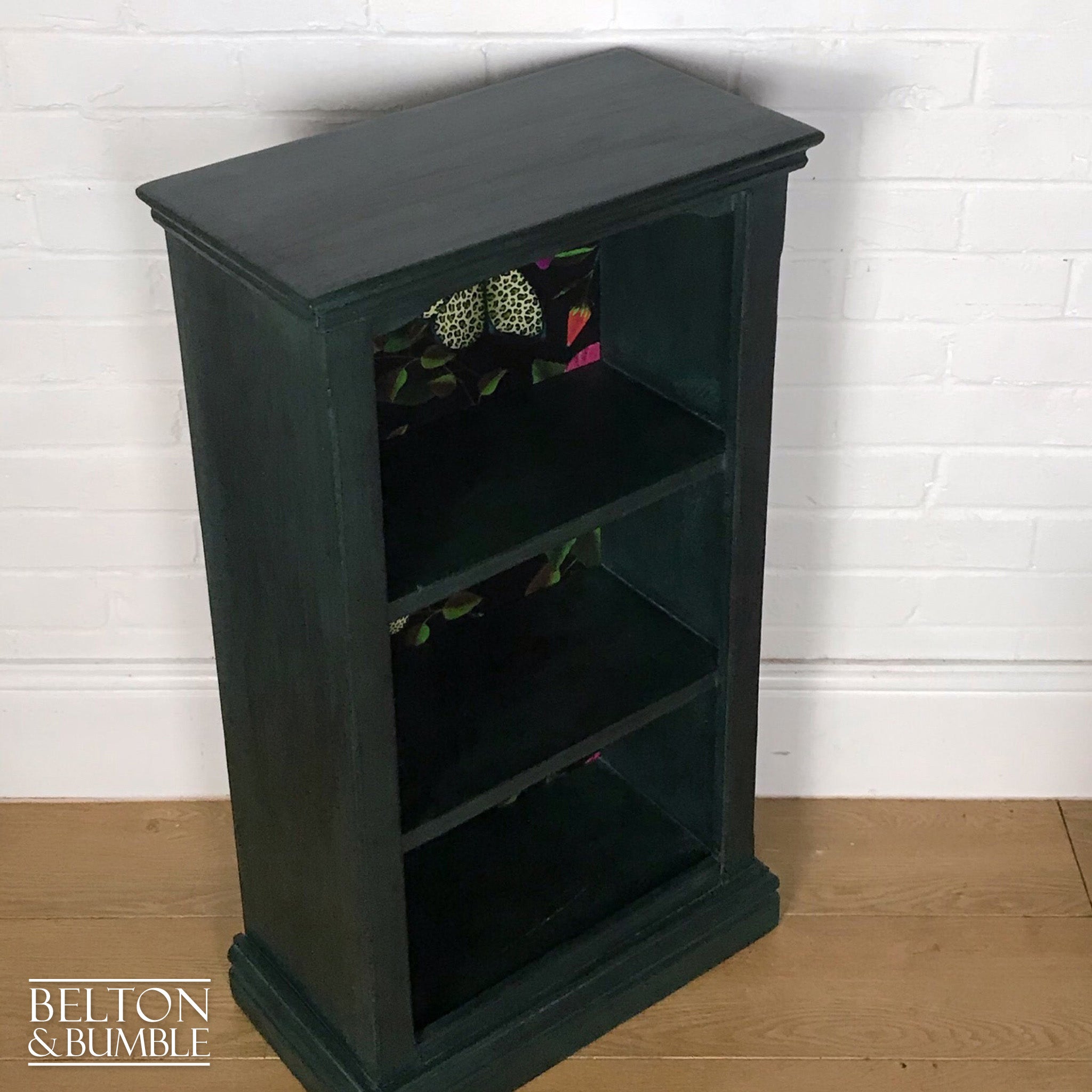 Dark Green Rustic Bookshelves Decoupaged with Print by Muck ‘n’ Brass-Belton & Bumble