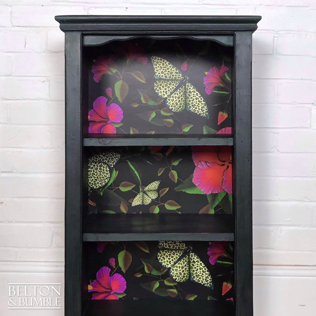 Dark Green Rustic Bookshelves Decoupaged with Print by Muck ‘n’ Brass-Belton & Bumble