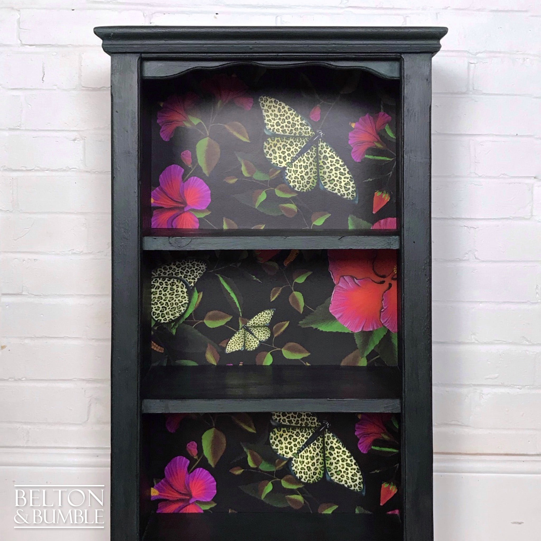 Dark Green Rustic Bookshelves Decoupaged with Print by Muck ‘n’ Brass-Belton & Bumble