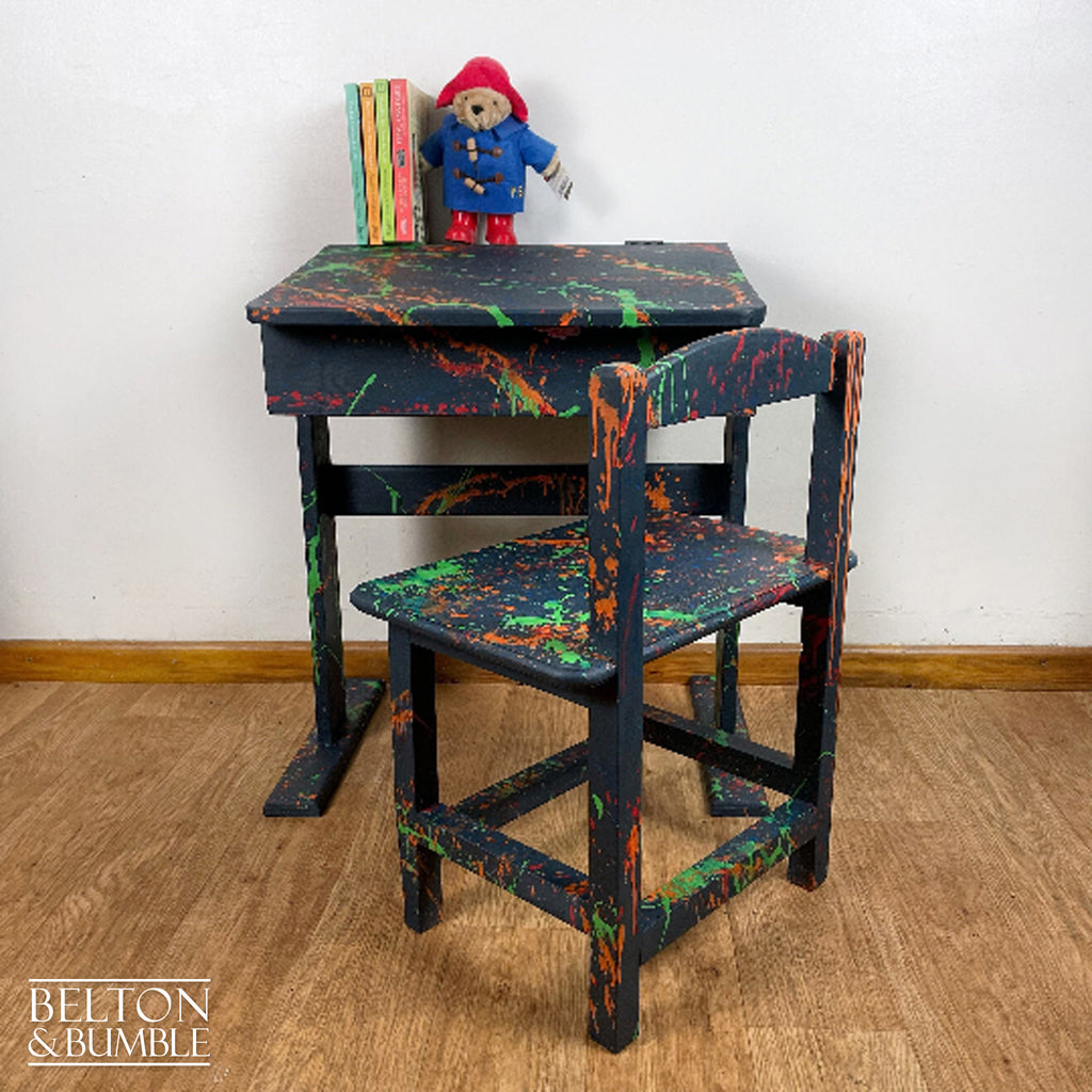 Old School Lift Lid Child’s Writing Desk and Chair in Navy Blue with Multi Coloured Details-Belton & Bumble