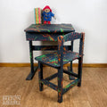 Old School Lift Lid Child’s Writing Desk and Chair in Navy Blue with Multi Coloured Details-Belton & Bumble