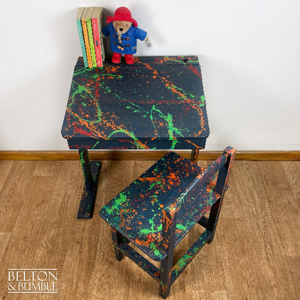 Old School Lift Lid Child’s Writing Desk and Chair in Navy Blue with Multi Coloured Details-Belton & Bumble