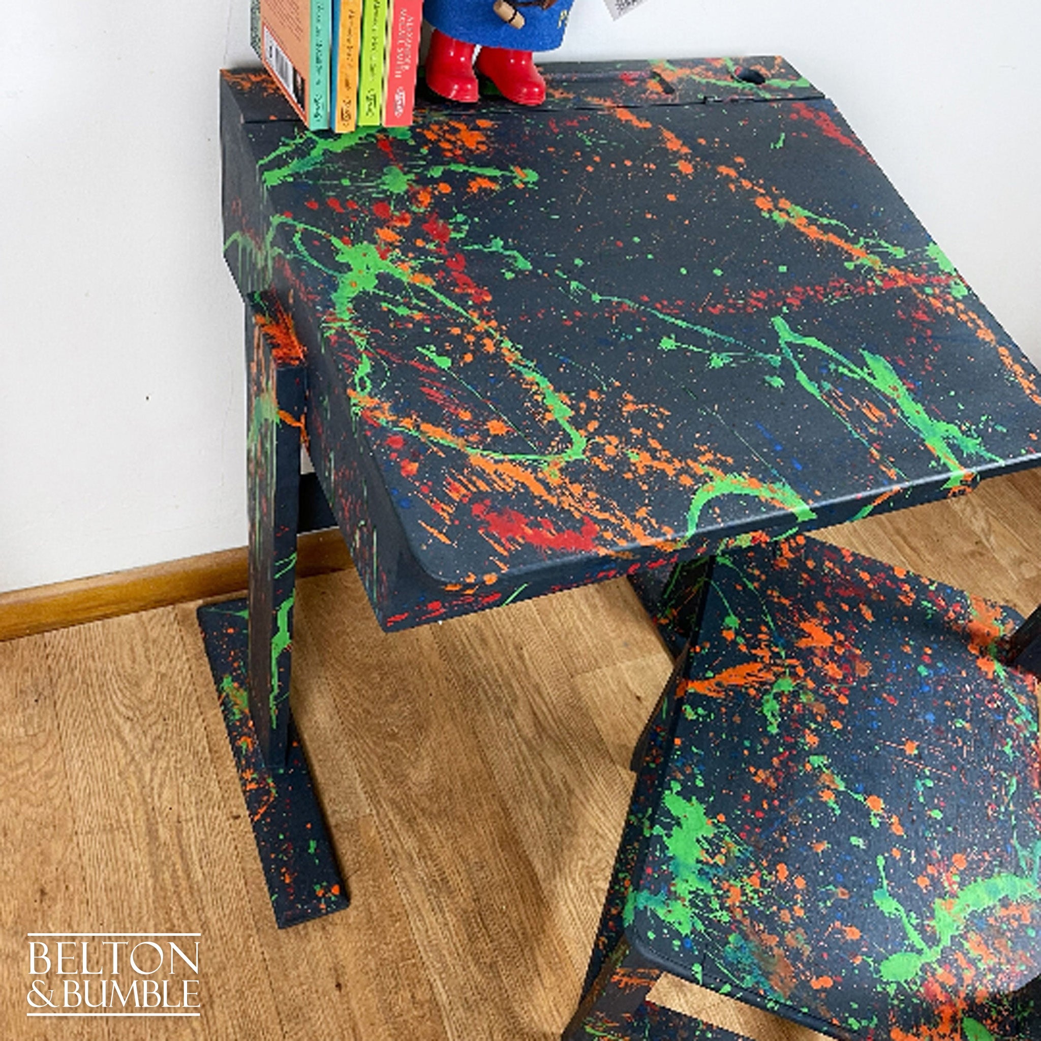 Old School Lift Lid Child’s Writing Desk and Chair in Navy Blue with Multi Coloured Details-Belton & Bumble