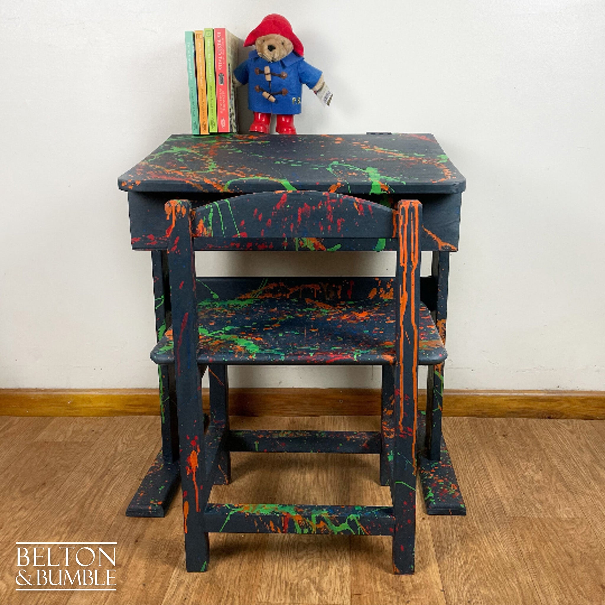 Old School Lift Lid Child’s Writing Desk and Chair in Navy Blue with Multi Coloured Details-Belton & Bumble