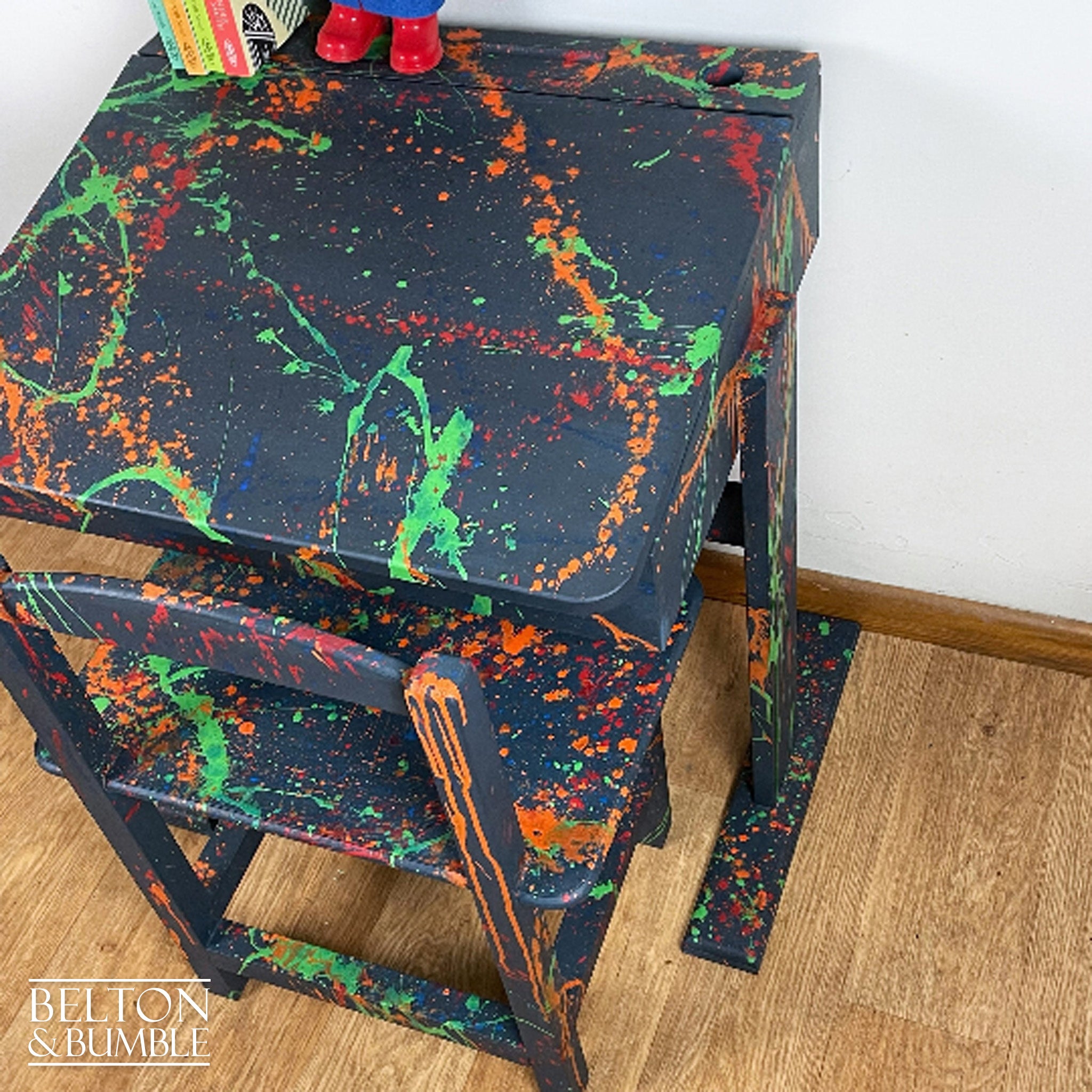 Old School Lift Lid Child’s Writing Desk and Chair in Navy Blue with Multi Coloured Details-Belton & Bumble
