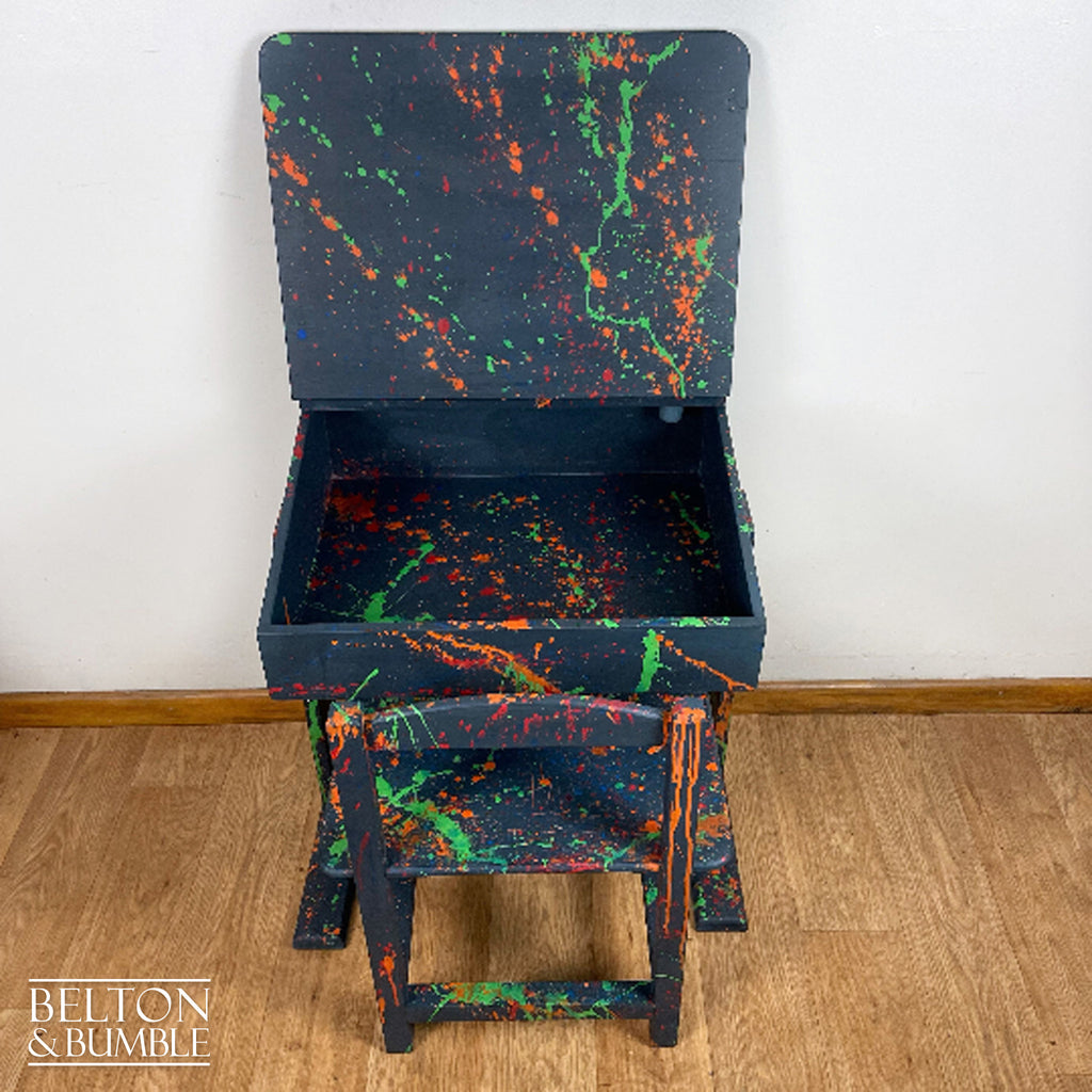 Old School Lift Lid Child’s Writing Desk and Chair in Navy Blue with Multi Coloured Details-Belton & Bumble
