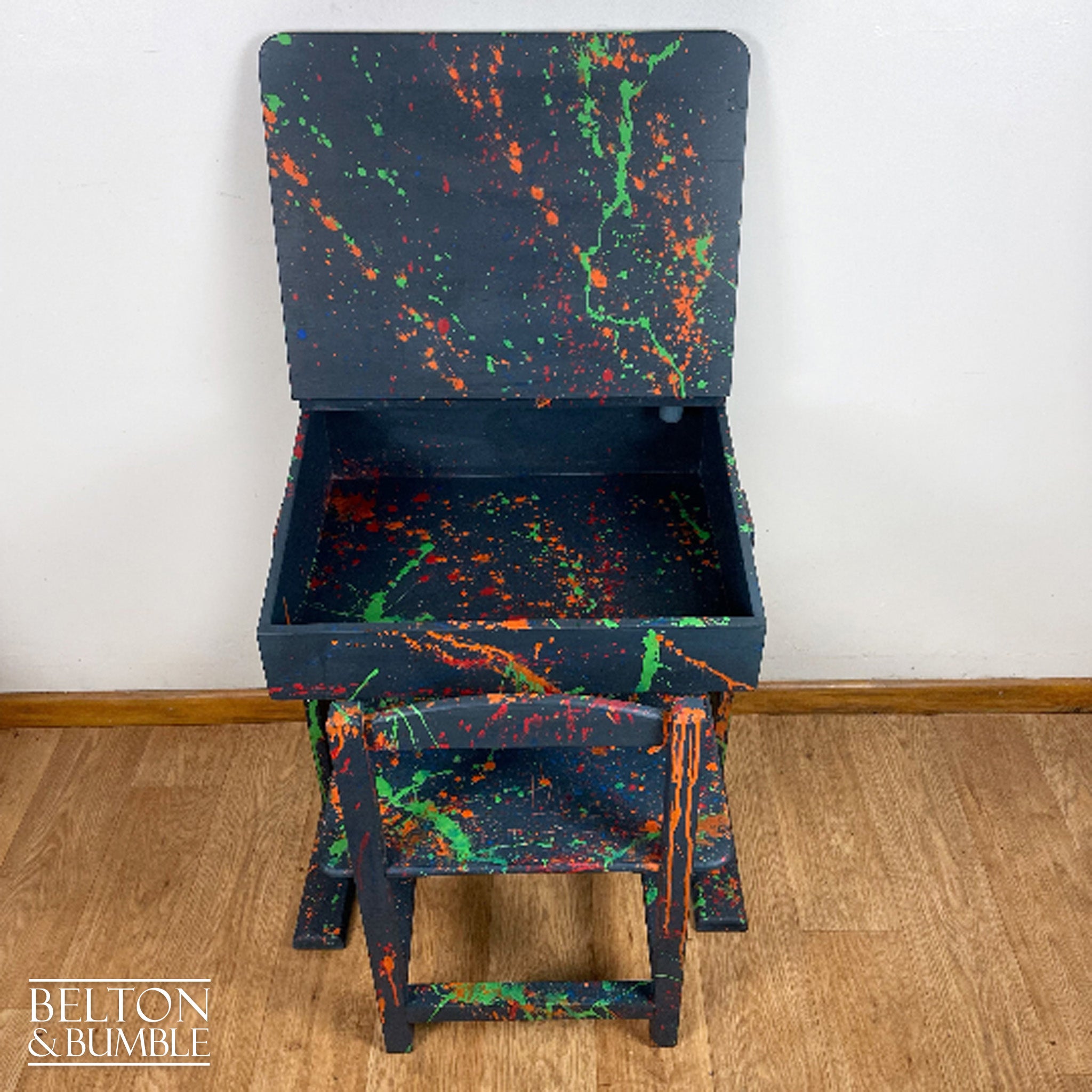 Old School Lift Lid Child’s Writing Desk and Chair in Navy Blue with Multi Coloured Details-Belton & Bumble