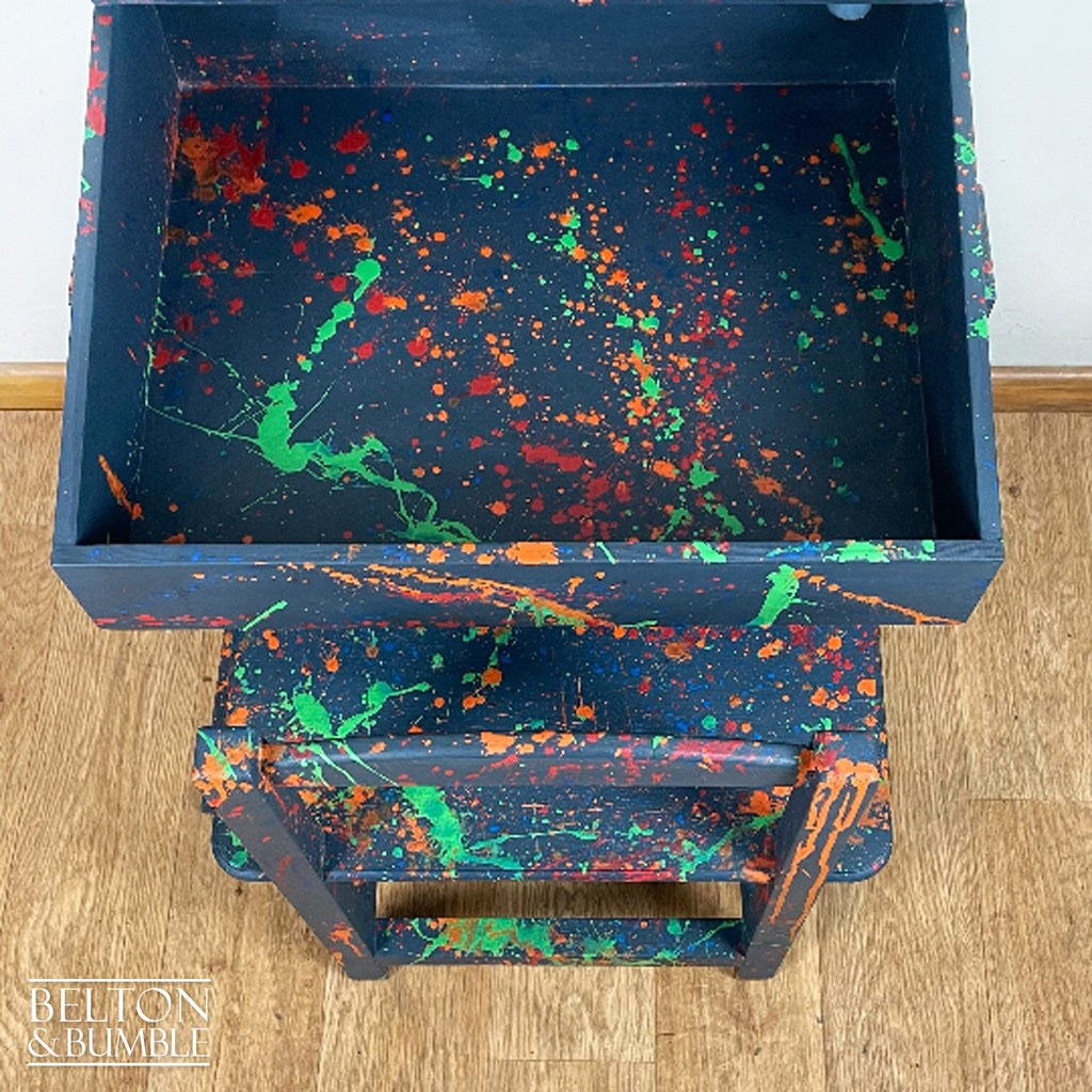 Old School Lift Lid Child’s Writing Desk and Chair in Navy Blue with Multi Coloured Details-Belton & Bumble