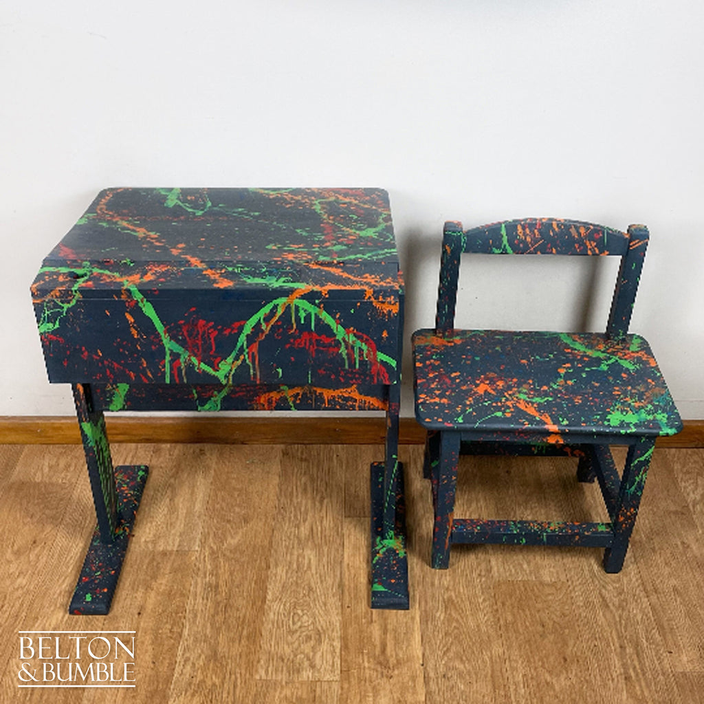 Old School Lift Lid Child’s Writing Desk and Chair in Navy Blue with Multi Coloured Details-Belton & Bumble