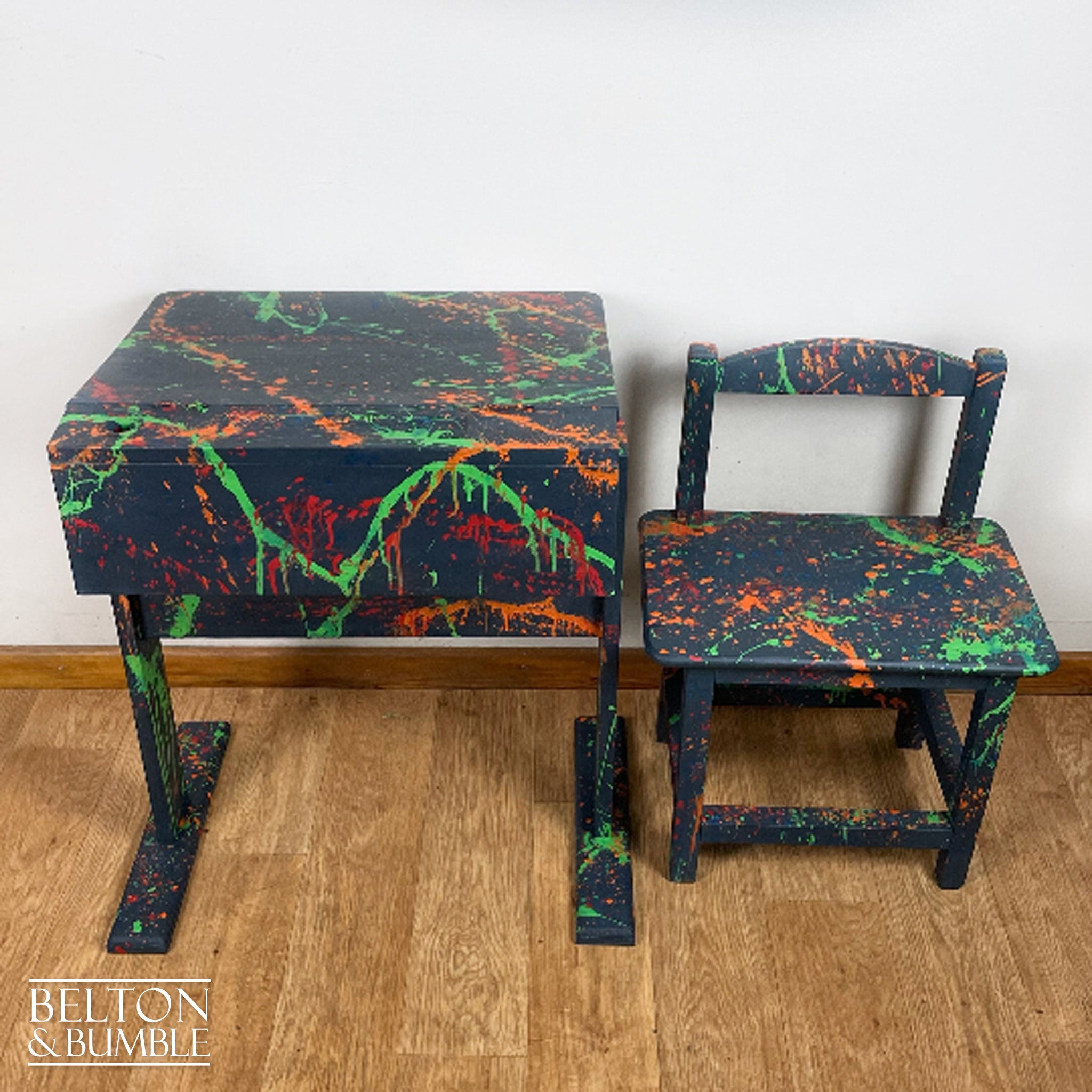 Old School Lift Lid Child’s Writing Desk and Chair in Navy Blue with Multi Coloured Details-Belton & Bumble