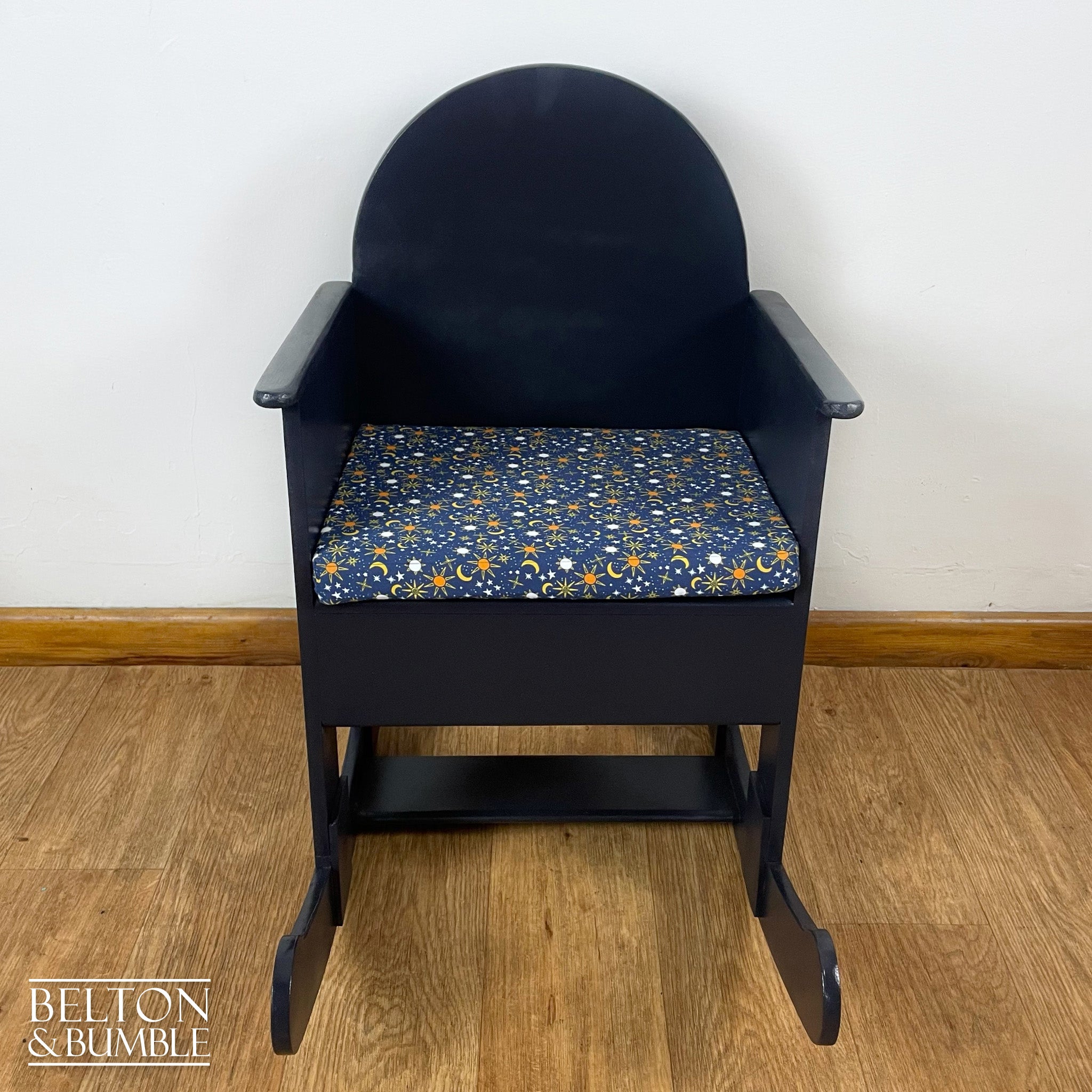 Navy Childs Rocking Chair – Restored vintage piece with wood and navy accents and upholstered seat, wooden legs