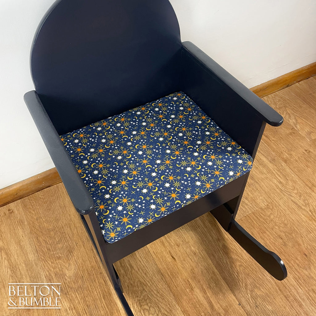 Navy Childs Rocking Chair – Top surface detail showing cushion and paint colour