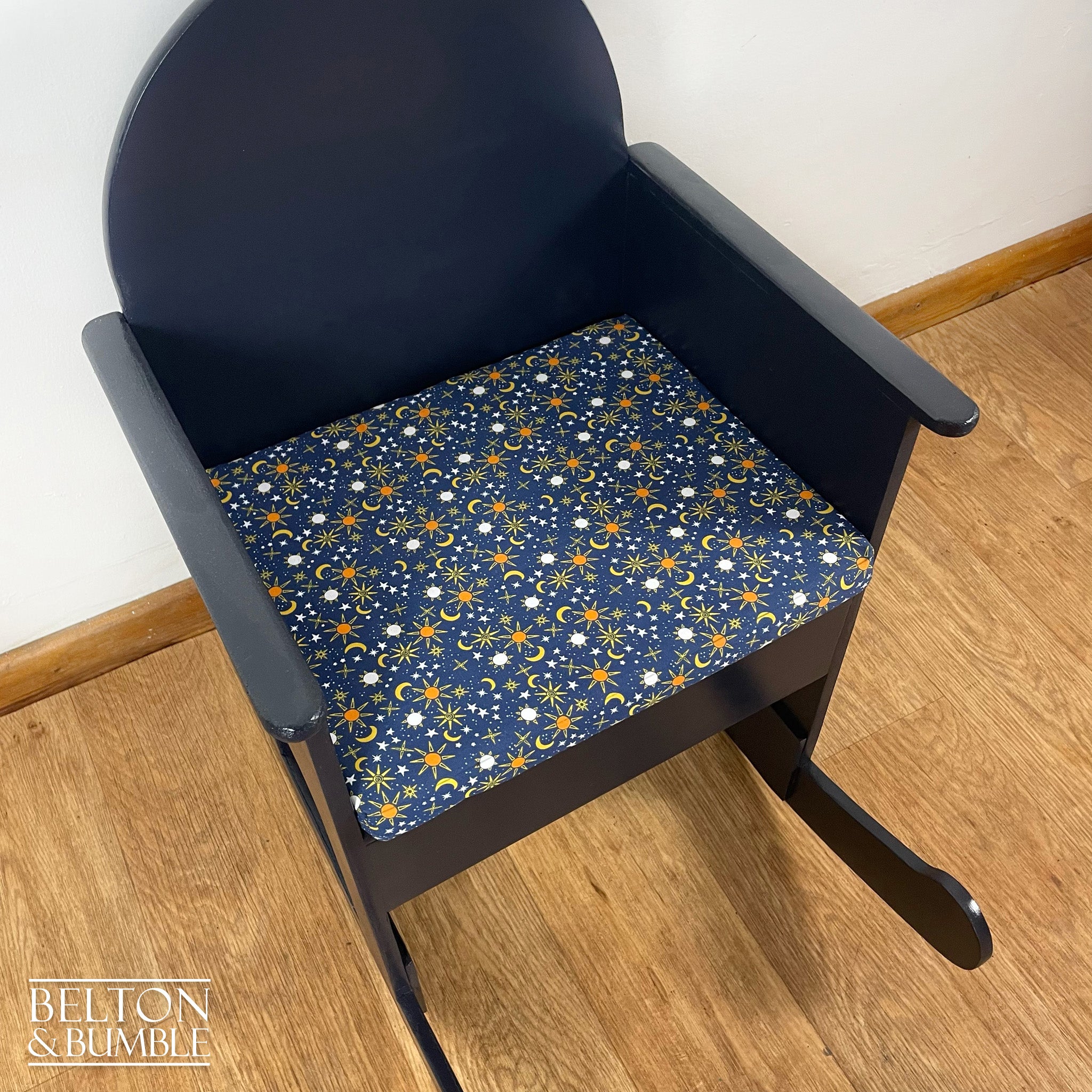Navy Childs Rocking Chair – Top surface detail showing cushion and paint colour