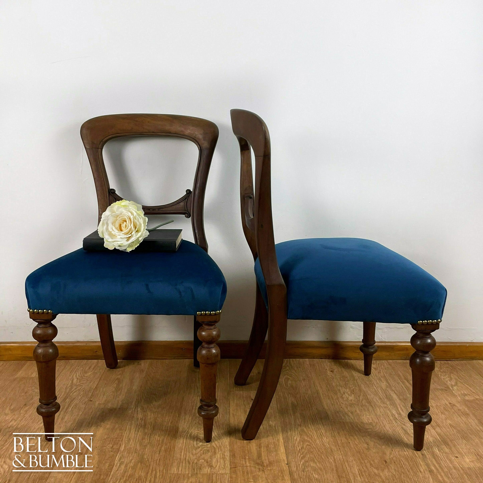 Set of Four Mahogany Dining Chairs with Navy Velvet-Belton & Bumble