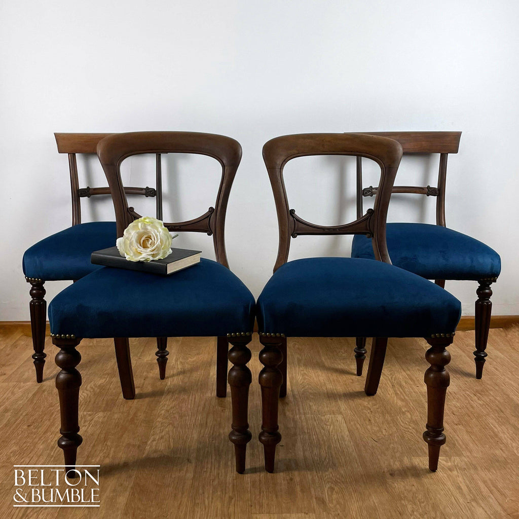 Set of Four Mahogany Dining Chairs with Navy Velvet-Belton & Bumble
