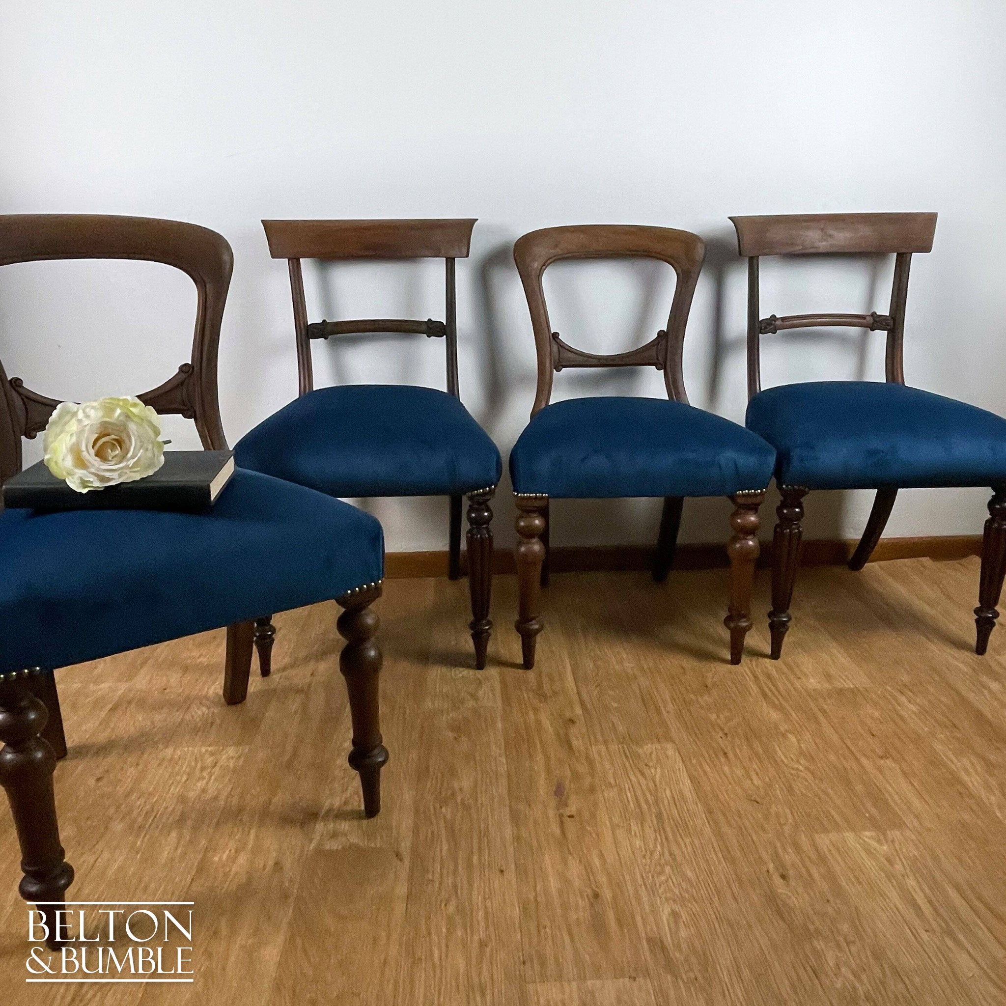 Set of Four Mahogany Dining Chairs with Navy Velvet-Belton & Bumble