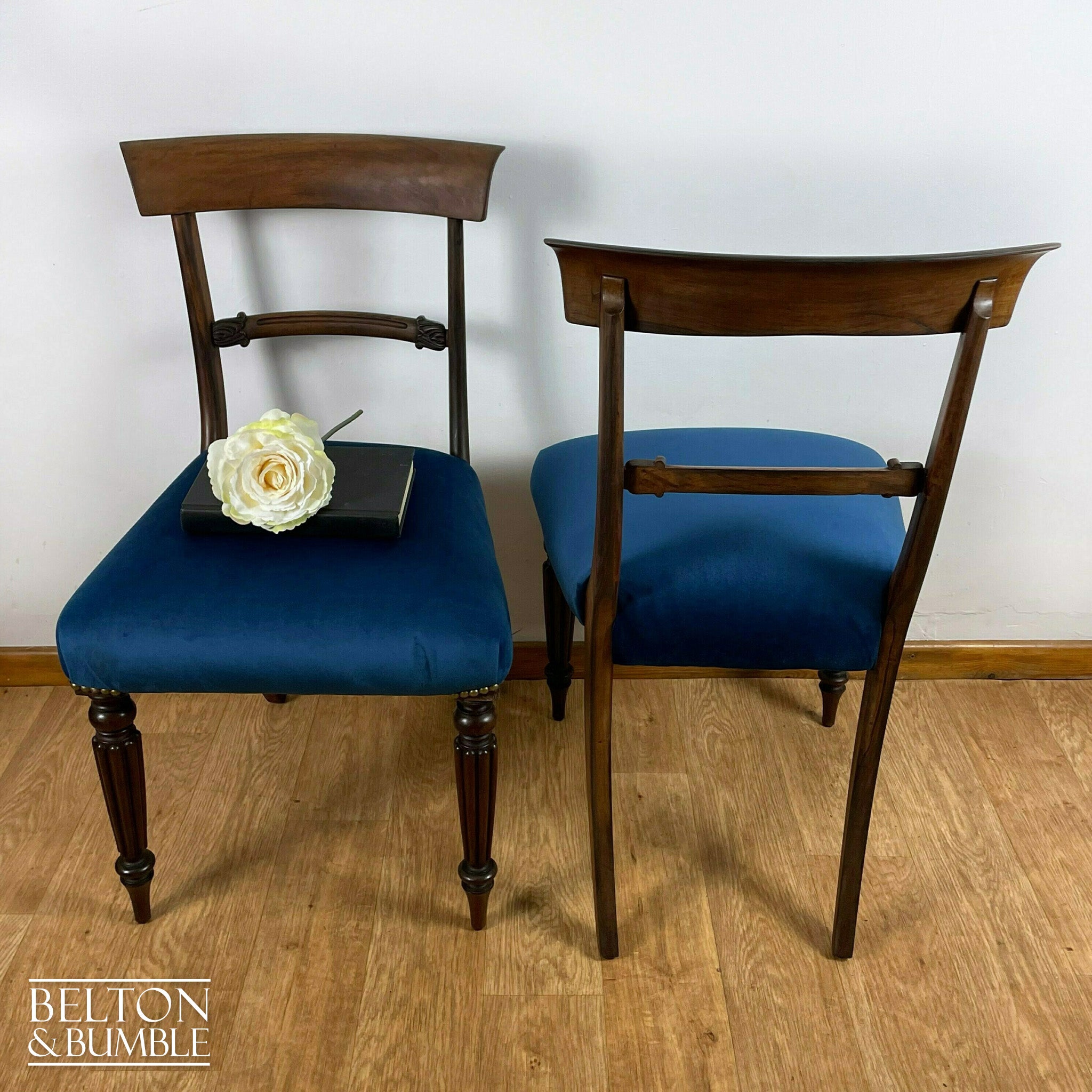 Set of Four Mahogany Dining Chairs with Navy Velvet-Belton & Bumble
