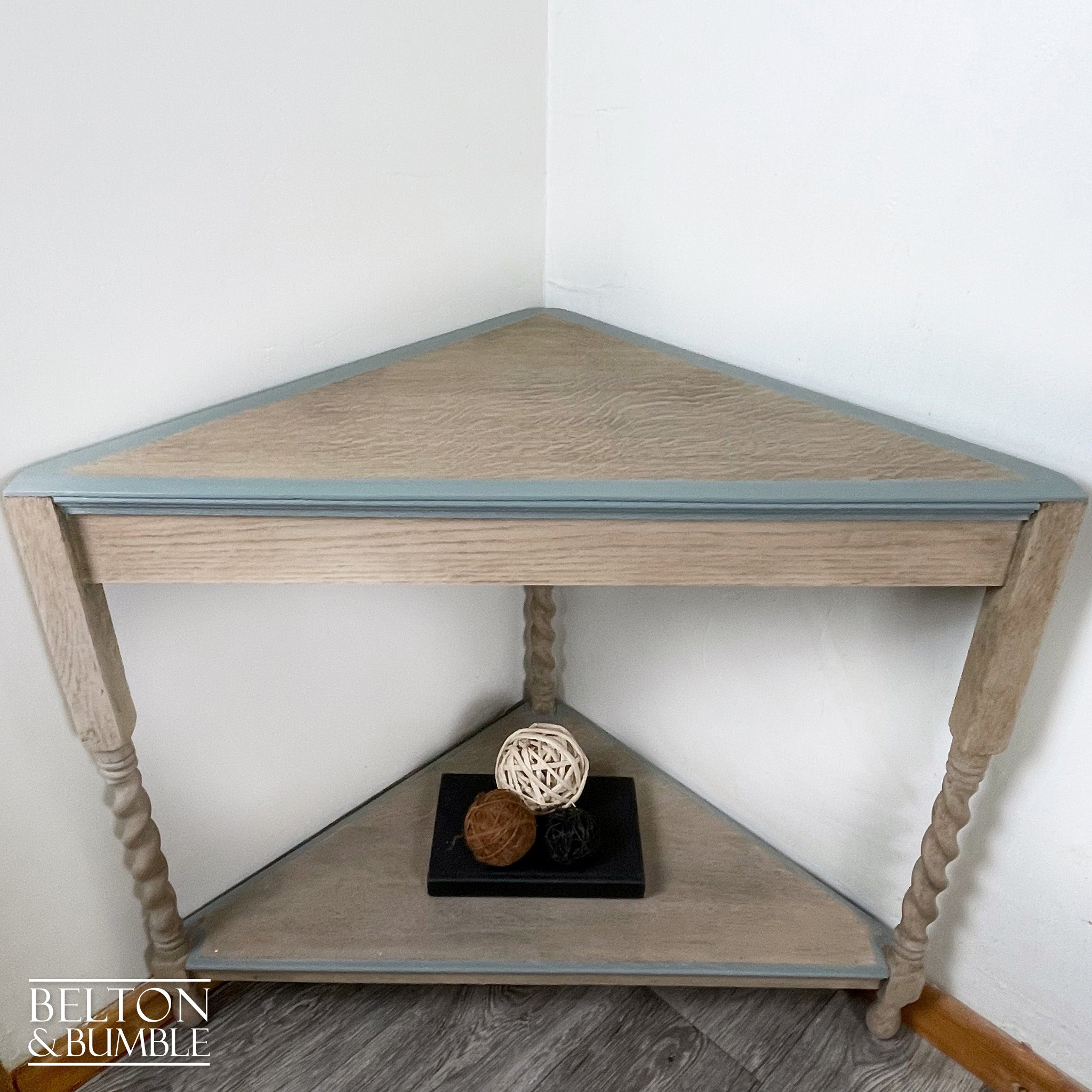Rustic Oak Corner Side Table with Barley Twist Legs-Belton & Bumble
