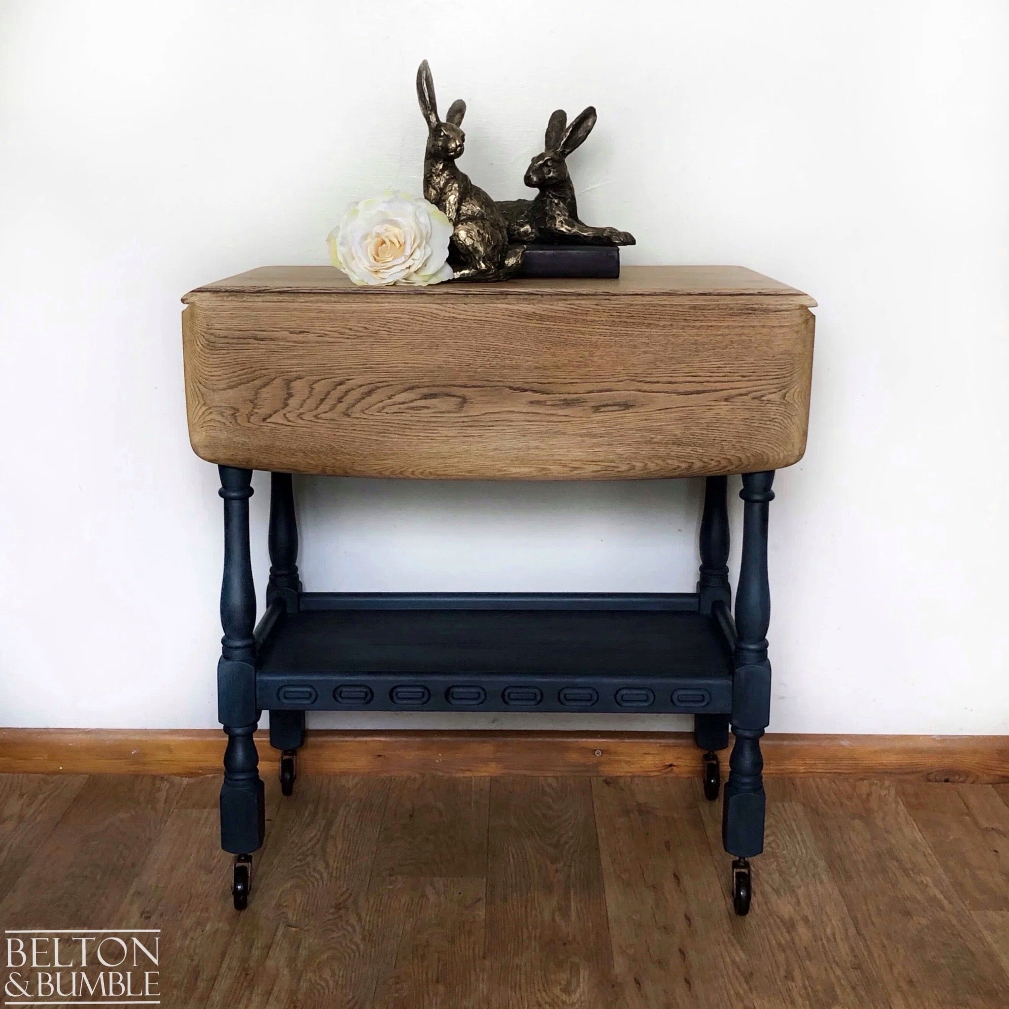 Mid 20th Century Oak Drop Leaf Serving Trolley Table in Blue-Belton & Bumble