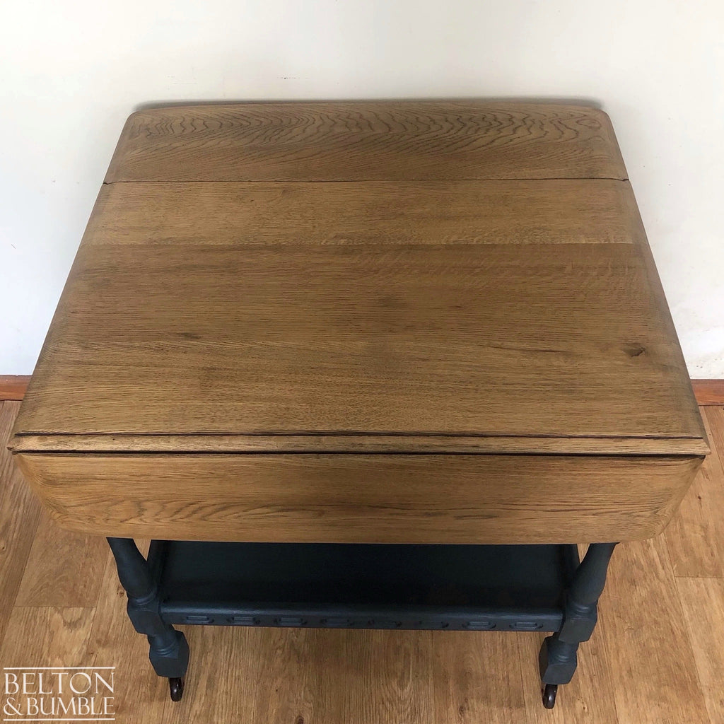 Mid 20th Century Oak Drop Leaf Serving Trolley Table in Blue-Belton & Bumble