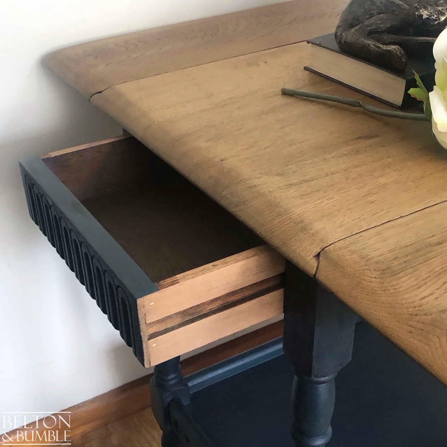 Mid 20th Century Oak Drop Leaf Serving Trolley Table in Blue-Belton & Bumble