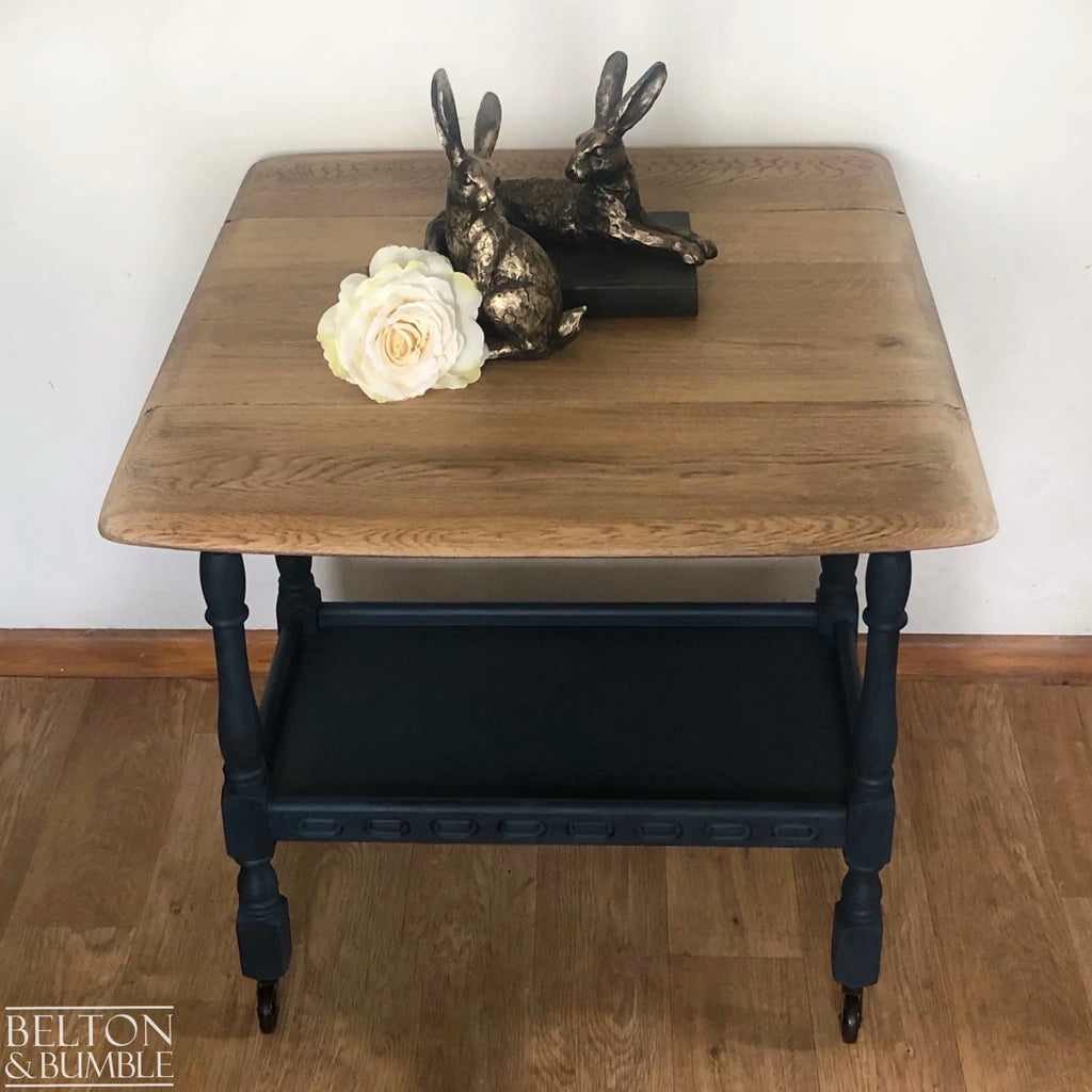 Mid 20th Century Oak Drop Leaf Serving Trolley Table in Blue-Belton & Bumble