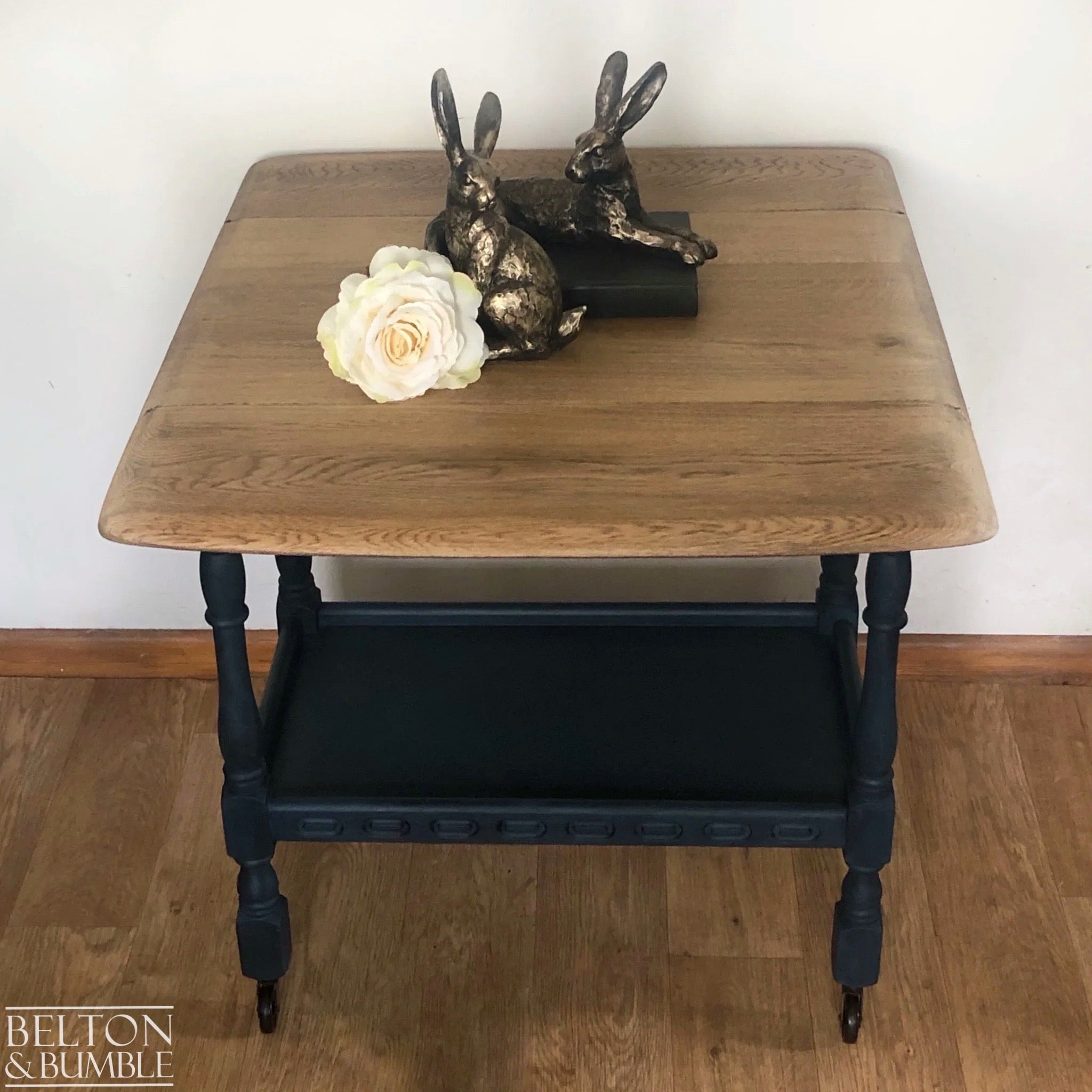 Mid 20th Century Oak Drop Leaf Serving Trolley Table in Blue-Belton & Bumble
