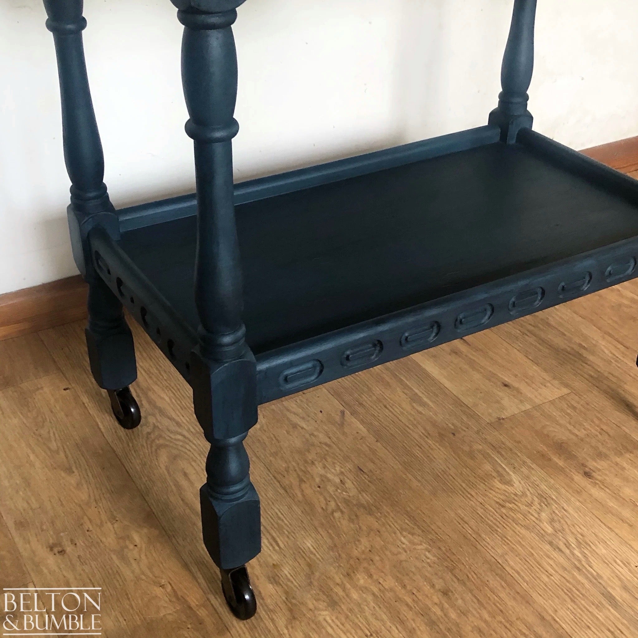 Mid 20th Century Oak Drop Leaf Serving Trolley Table in Blue-Belton & Bumble