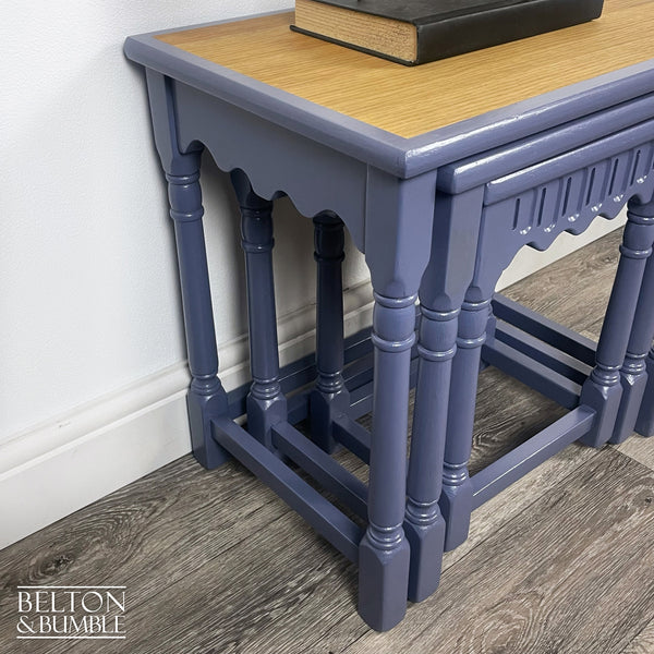 Oak Nest of Tables in Blue by Farrow Ball – angled view showing proportions and stance