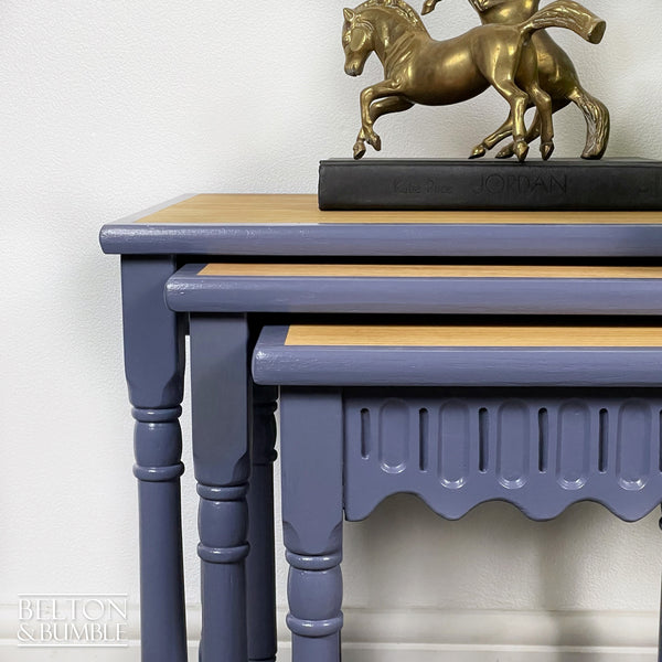 Oak Nest of Tables in Blue by Farrow Ball – Close-up of oak with blue finish and texture